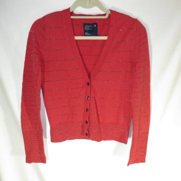 Women's Size Medium American Eagle Outfitters Red Striped V-Neck SweaterCardigan - Picture 2 of 7